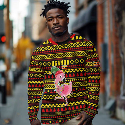 Uganda Christmas Long Sleeve Shirt Flamingo Lights Uganda Flag and Black Red Yellow - African Pride