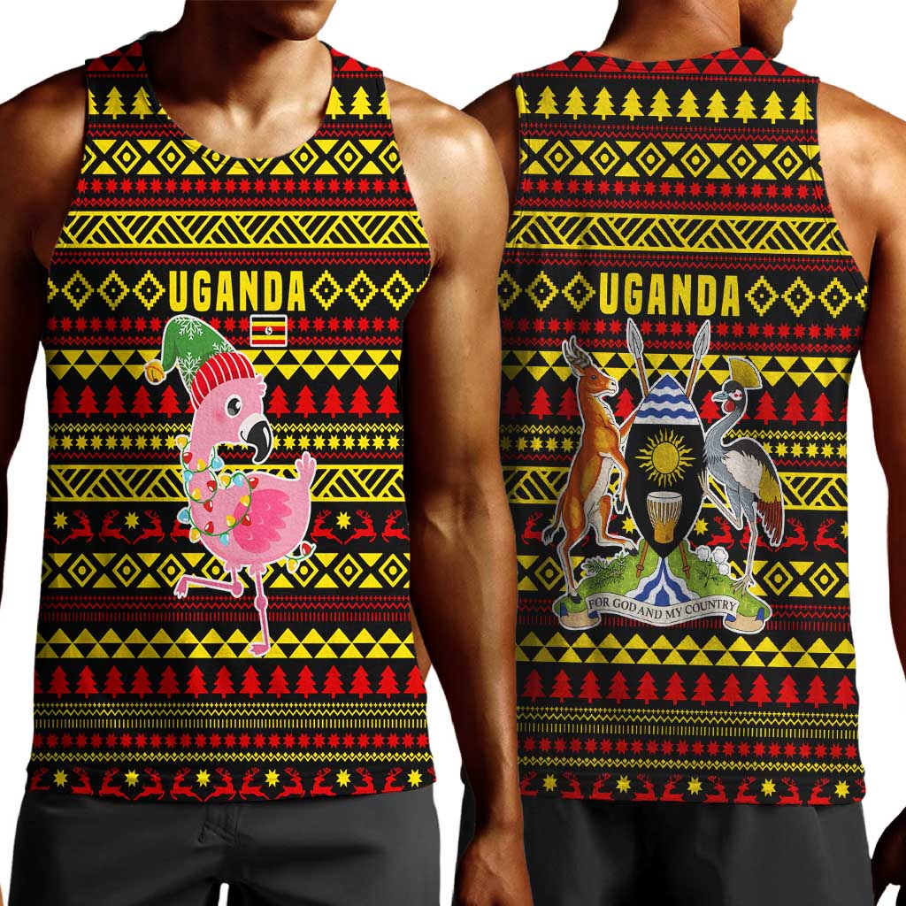Uganda Christmas Men Tank Top Flamingo Lights Uganda Flag and Black Red Yellow - African Pride