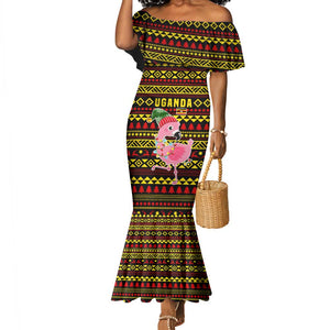 Uganda Christmas Mermaid Dress Flamingo Lights Uganda Flag and Black Red Yellow - African Pride