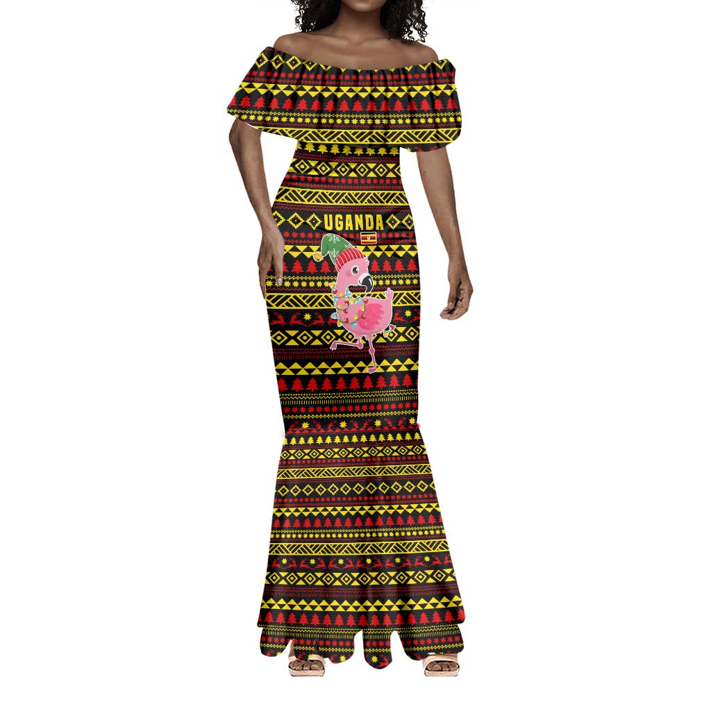 Uganda Christmas Mermaid Dress Flamingo Lights Uganda Flag and Black Red Yellow - African Pride