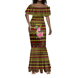 Uganda Christmas Mermaid Dress Flamingo Lights Uganda Flag and Black Red Yellow - African Pride
