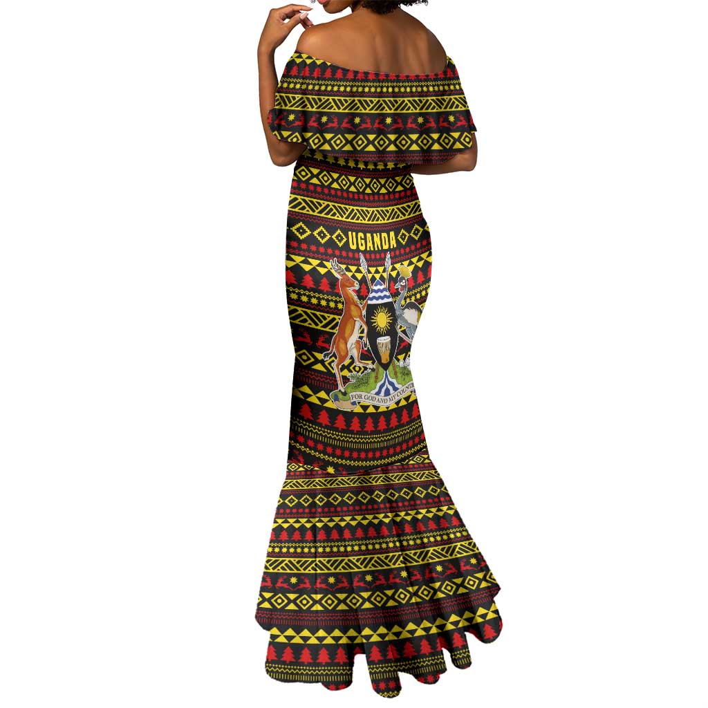 Uganda Christmas Mermaid Dress Flamingo Lights Uganda Flag and Black Red Yellow - African Pride