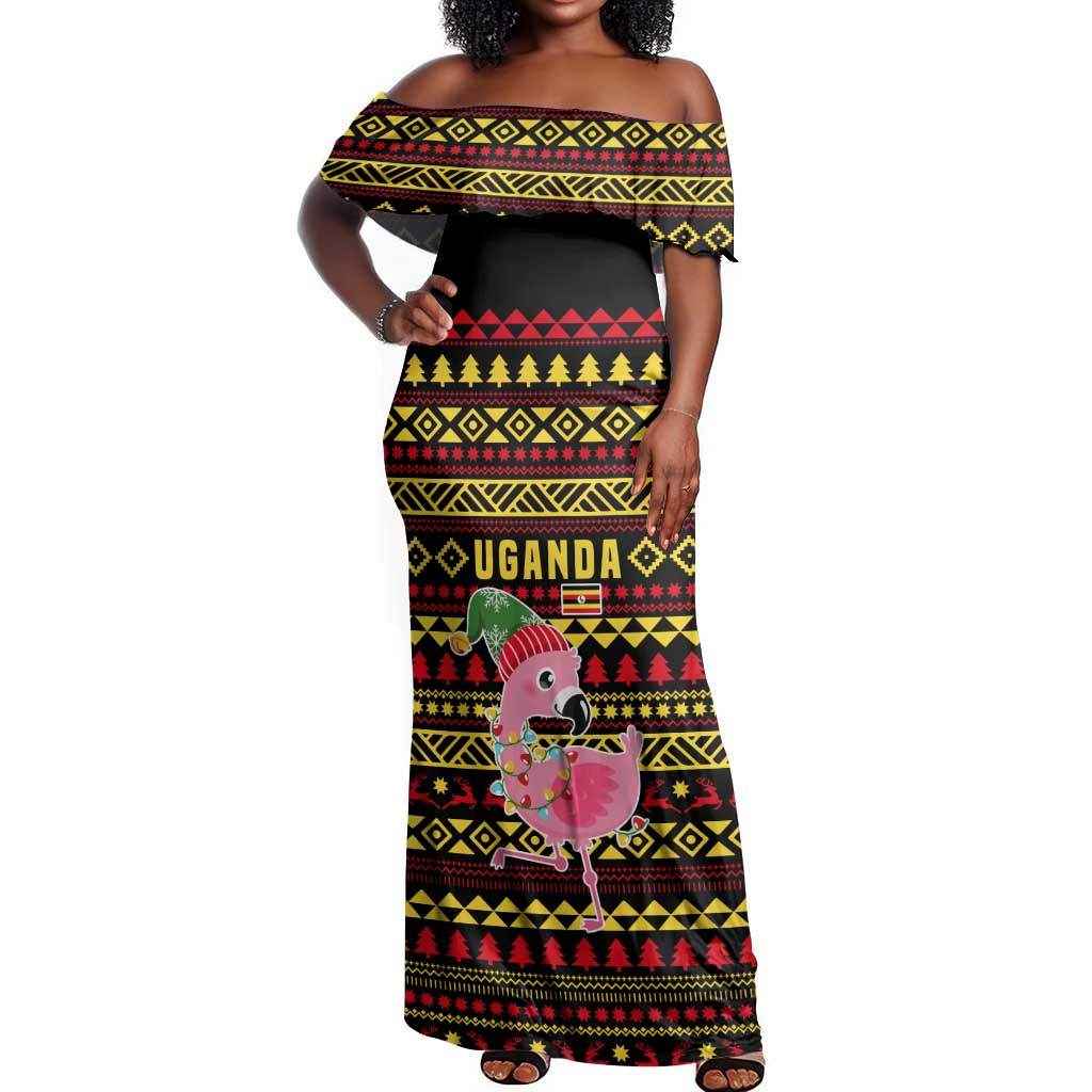Uganda Christmas Off Shoulder Maxi Dress Flamingo Lights Uganda Flag and Black Red Yellow - African Pride