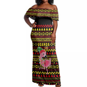 Uganda Christmas Off Shoulder Maxi Dress Flamingo Lights Uganda Flag and Black Red Yellow - African Pride