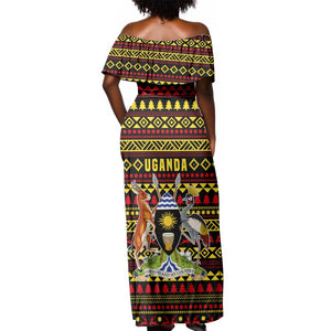 Uganda Christmas Off Shoulder Maxi Dress Flamingo Lights Uganda Flag and Black Red Yellow - African Pride