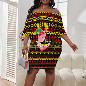 Uganda Christmas Off Shoulder Short Dress Flamingo Lights Uganda Flag and Black Red Yellow - African Pride