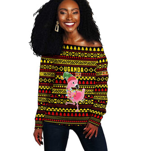 Uganda Christmas Off Shoulder Sweater Flamingo Lights Uganda Flag and Black Red Yellow - African Pride