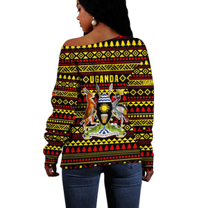 Uganda Christmas Off Shoulder Sweater Flamingo Lights Uganda Flag and Black Red Yellow - African Pride