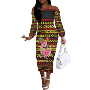 Uganda Christmas Off The Shoulder Long Sleeve Dress Flamingo Lights Uganda Flag and Black Red Yellow - African Pride