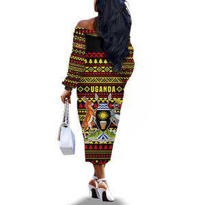 Uganda Christmas Off The Shoulder Long Sleeve Dress Flamingo Lights Uganda Flag and Black Red Yellow - African Pride