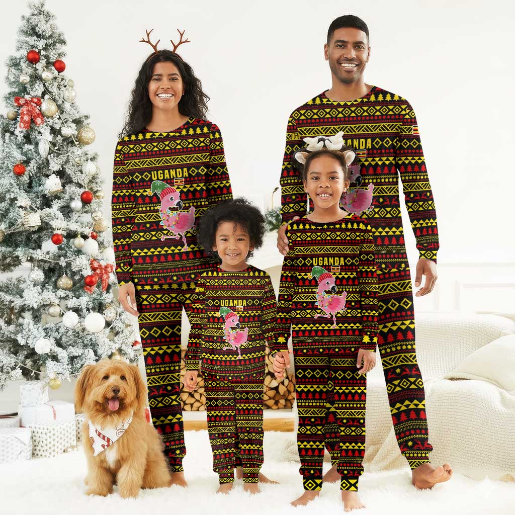 Uganda Christmas Pajama Set Flamingo Lights Uganda Flag and Black Red Yellow - African Pride