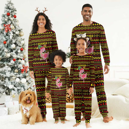 Uganda Christmas Pajama Set Flamingo Lights Uganda Flag and Black Red Yellow - African Pride