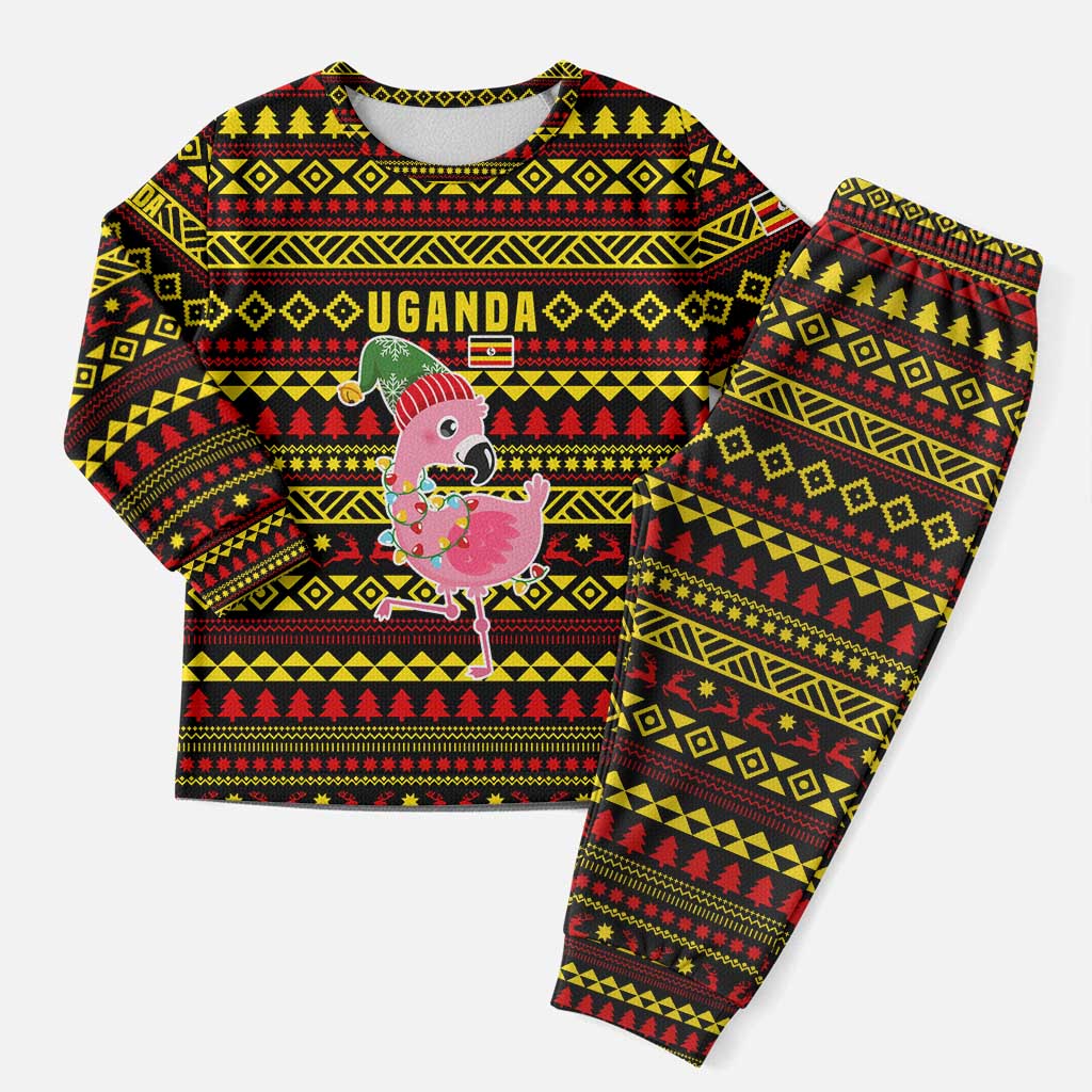 Uganda Christmas Pajama Set Flamingo Lights Uganda Flag and Black Red Yellow - African Pride