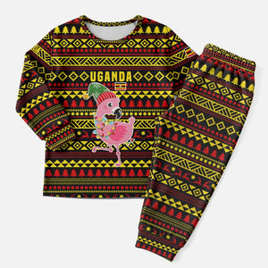 Uganda Christmas Pajama Set Flamingo Lights Uganda Flag and Black Red Yellow - African Pride