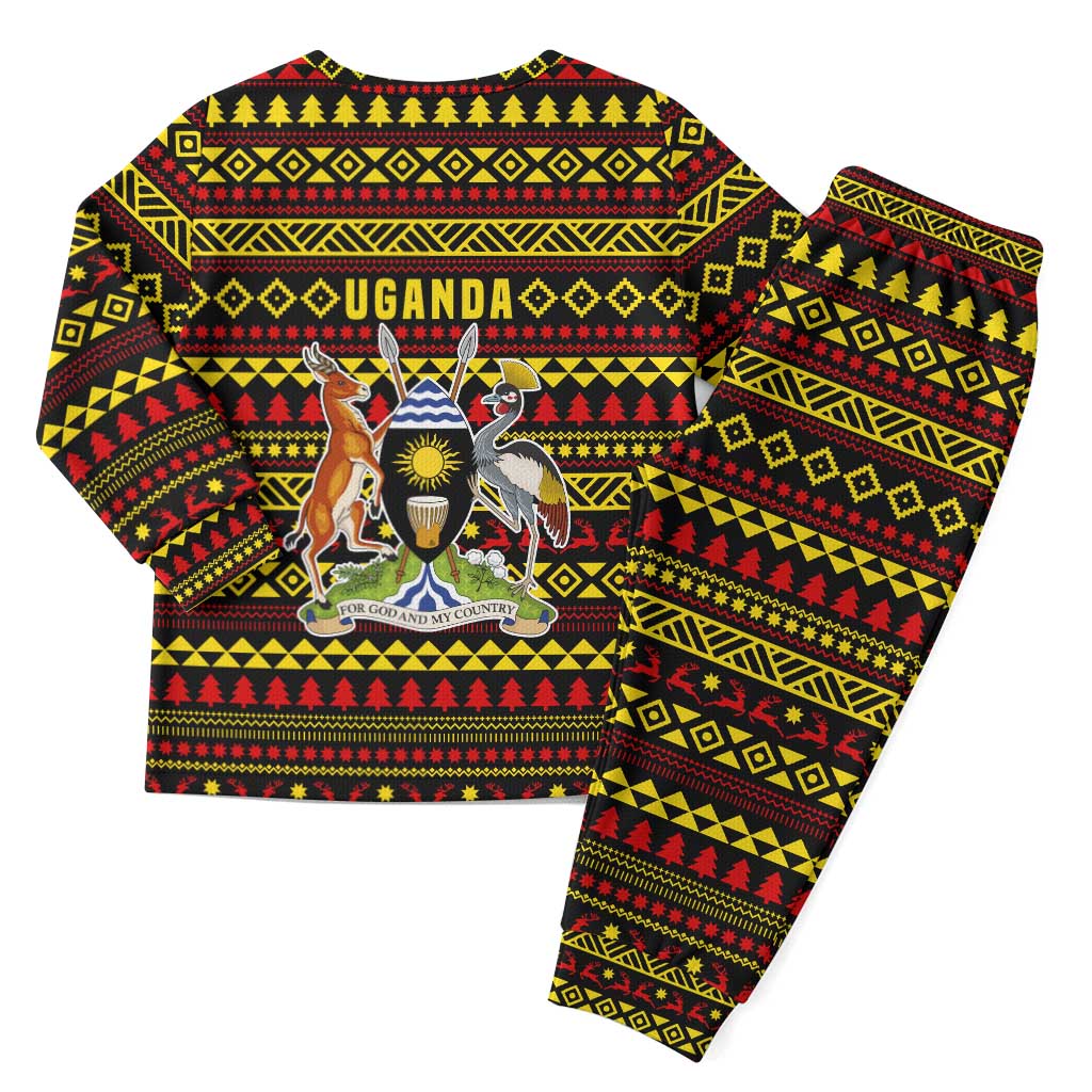 Uganda Christmas Pajama Set Flamingo Lights Uganda Flag and Black Red Yellow - African Pride