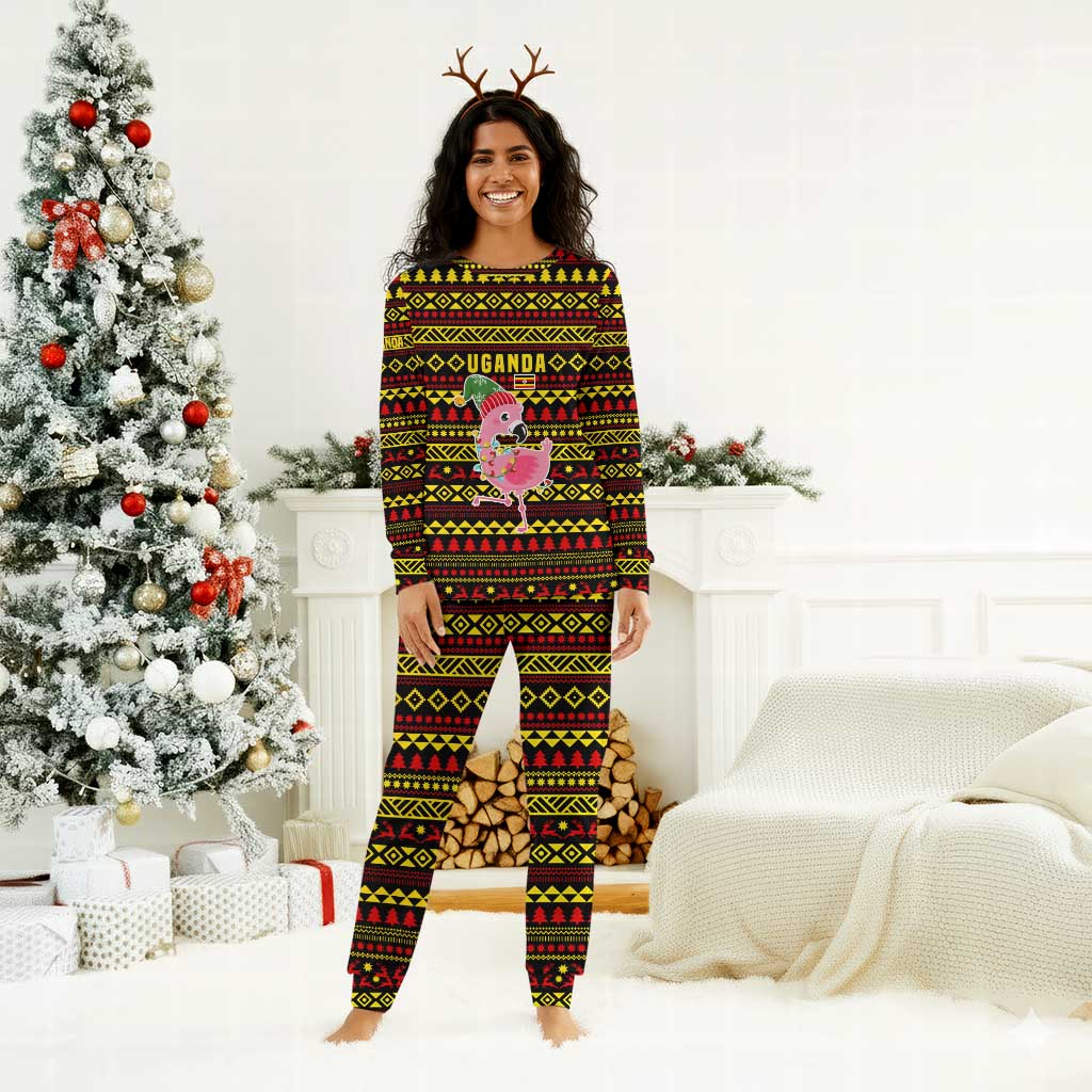 Uganda Christmas Pajama Set Flamingo Lights Uganda Flag and Black Red Yellow - African Pride