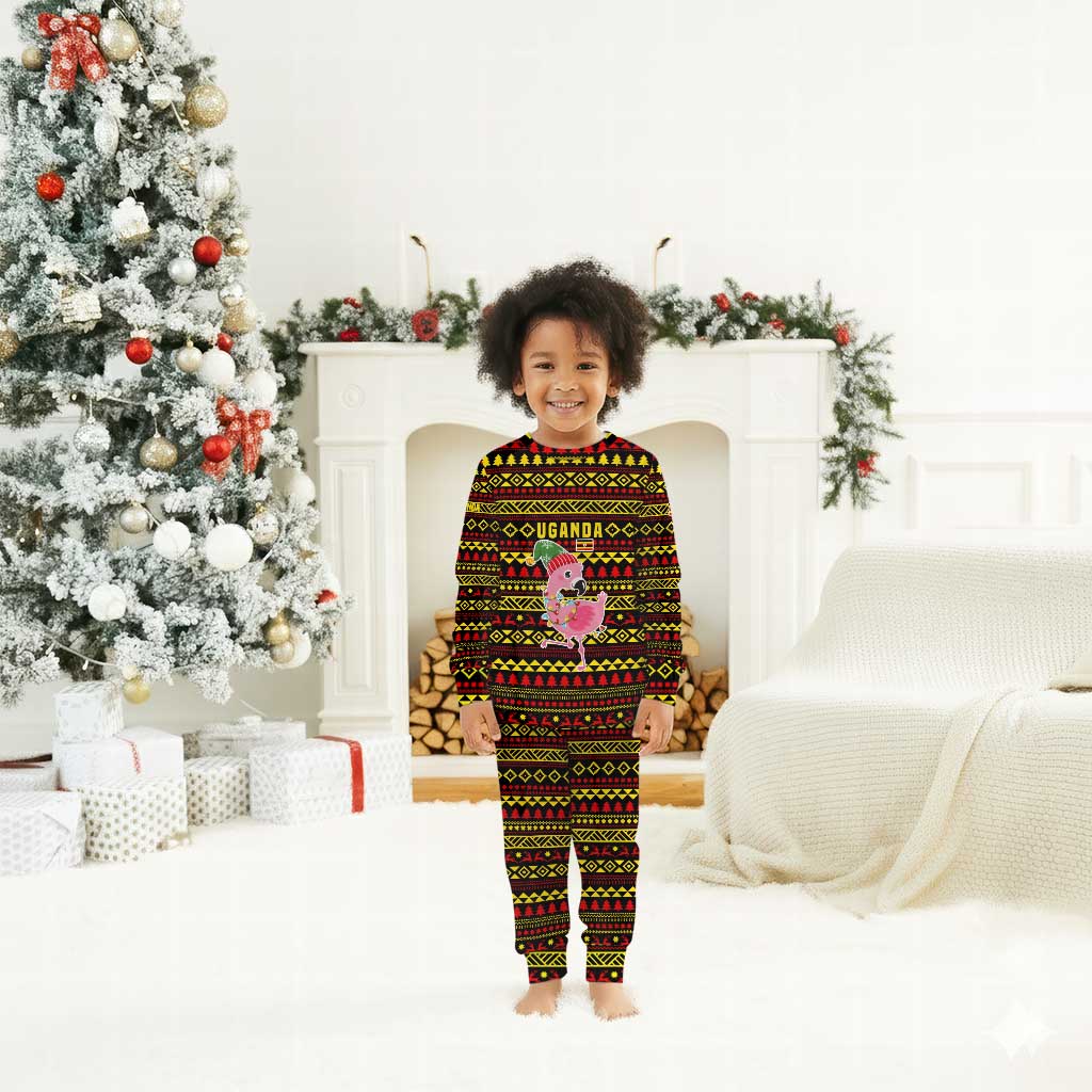 Uganda Christmas Pajama Set Flamingo Lights Uganda Flag and Black Red Yellow - African Pride