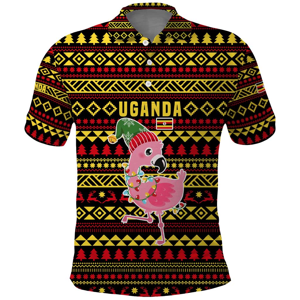 Uganda Christmas Polo Shirt Flamingo Lights Uganda Flag and Black Red Yellow - African Pride
