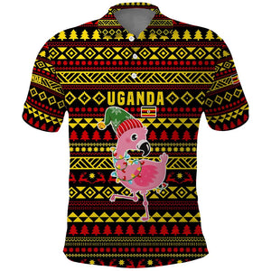 Uganda Christmas Polo Shirt Flamingo Lights Uganda Flag and Black Red Yellow - African Pride