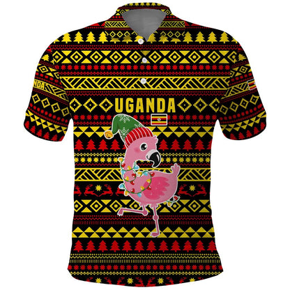 Uganda Christmas Polo Shirt Flamingo Lights Uganda Flag and Black Red Yellow - African Pride