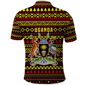 Uganda Christmas Polo Shirt Flamingo Lights Uganda Flag and Black Red Yellow - African Pride