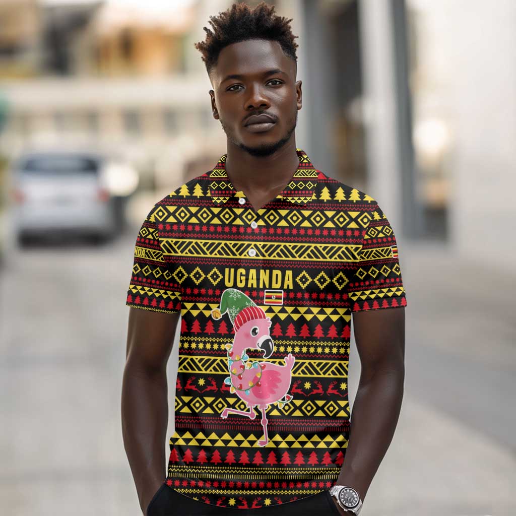 Uganda Christmas Polo Shirt Flamingo Lights Uganda Flag and Black Red Yellow - African Pride