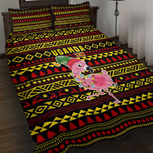 Uganda Christmas Quilt Bed Set Flamingo Lights Uganda Flag and Black Red Yellow - African Pride