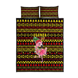 Uganda Christmas Quilt Bed Set Flamingo Lights Uganda Flag and Black Red Yellow - African Pride