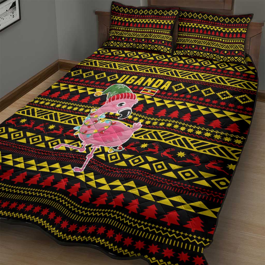 Uganda Christmas Quilt Bed Set Flamingo Lights Uganda Flag and Black Red Yellow - African Pride