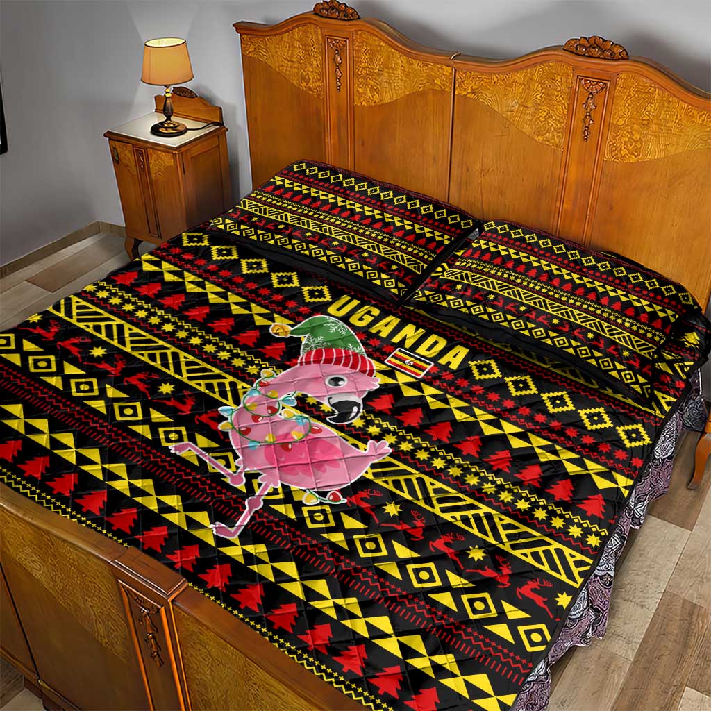 Uganda Christmas Quilt Bed Set Flamingo Lights Uganda Flag and Black Red Yellow - African Pride