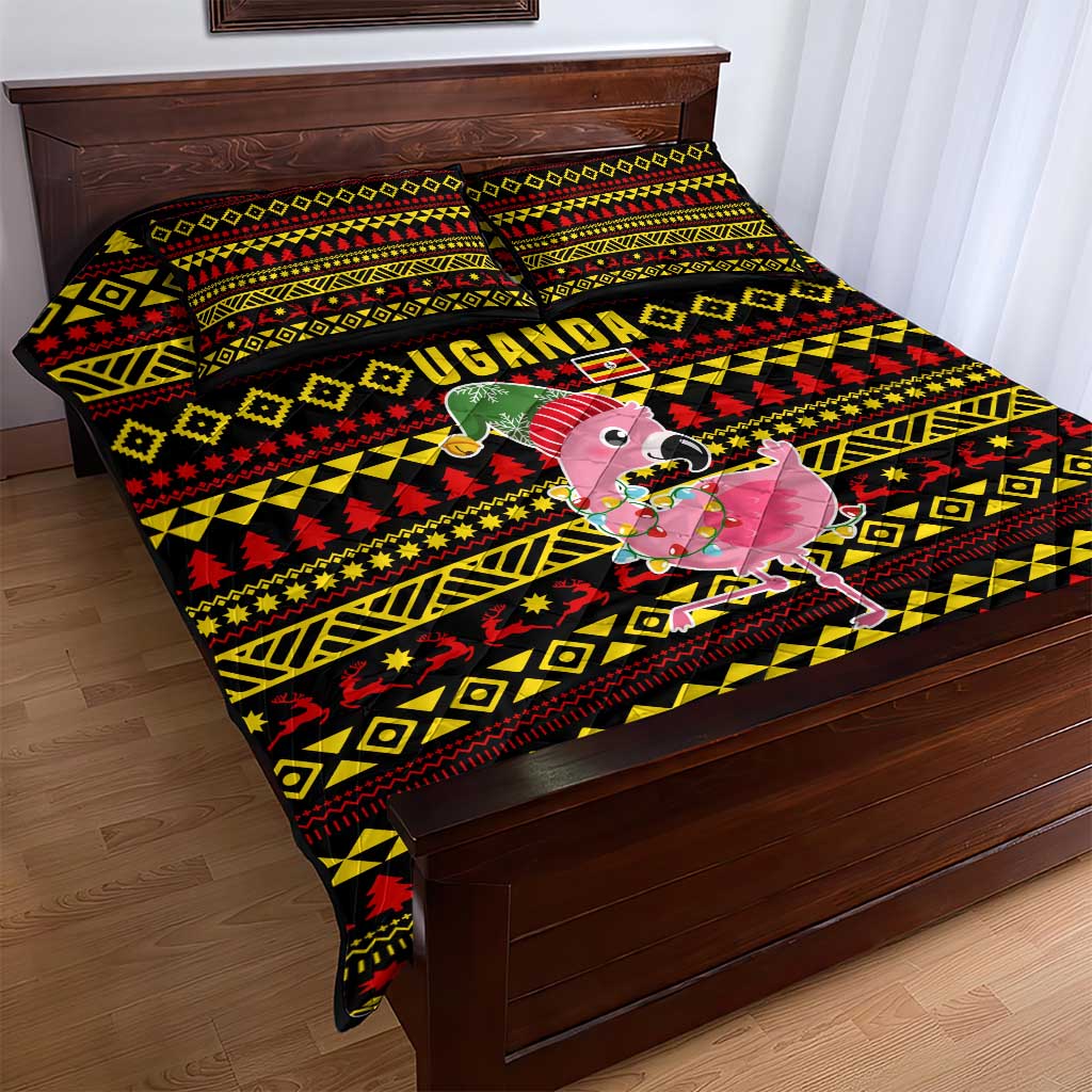 Uganda Christmas Quilt Bed Set Flamingo Lights Uganda Flag and Black Red Yellow - African Pride