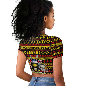 Uganda Christmas Raglan Cropped T shirt Flamingo Lights Uganda Flag and Black Red Yellow - African Pride