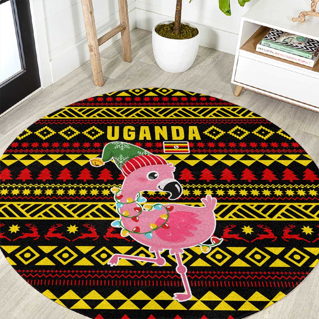 Uganda Christmas Round Carpet Flamingo Lights Uganda Flag and Black Red Yellow - African Pride