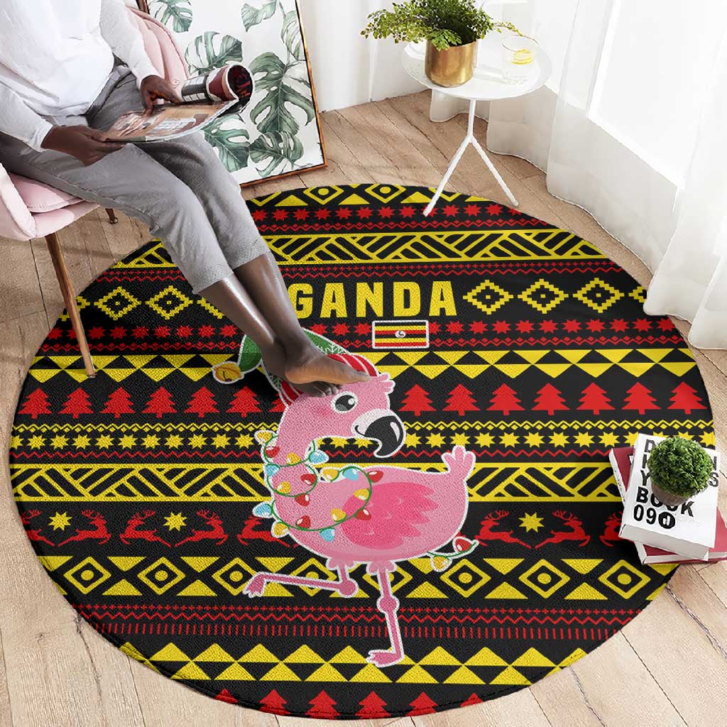 Uganda Christmas Round Carpet Flamingo Lights Uganda Flag and Black Red Yellow - African Pride