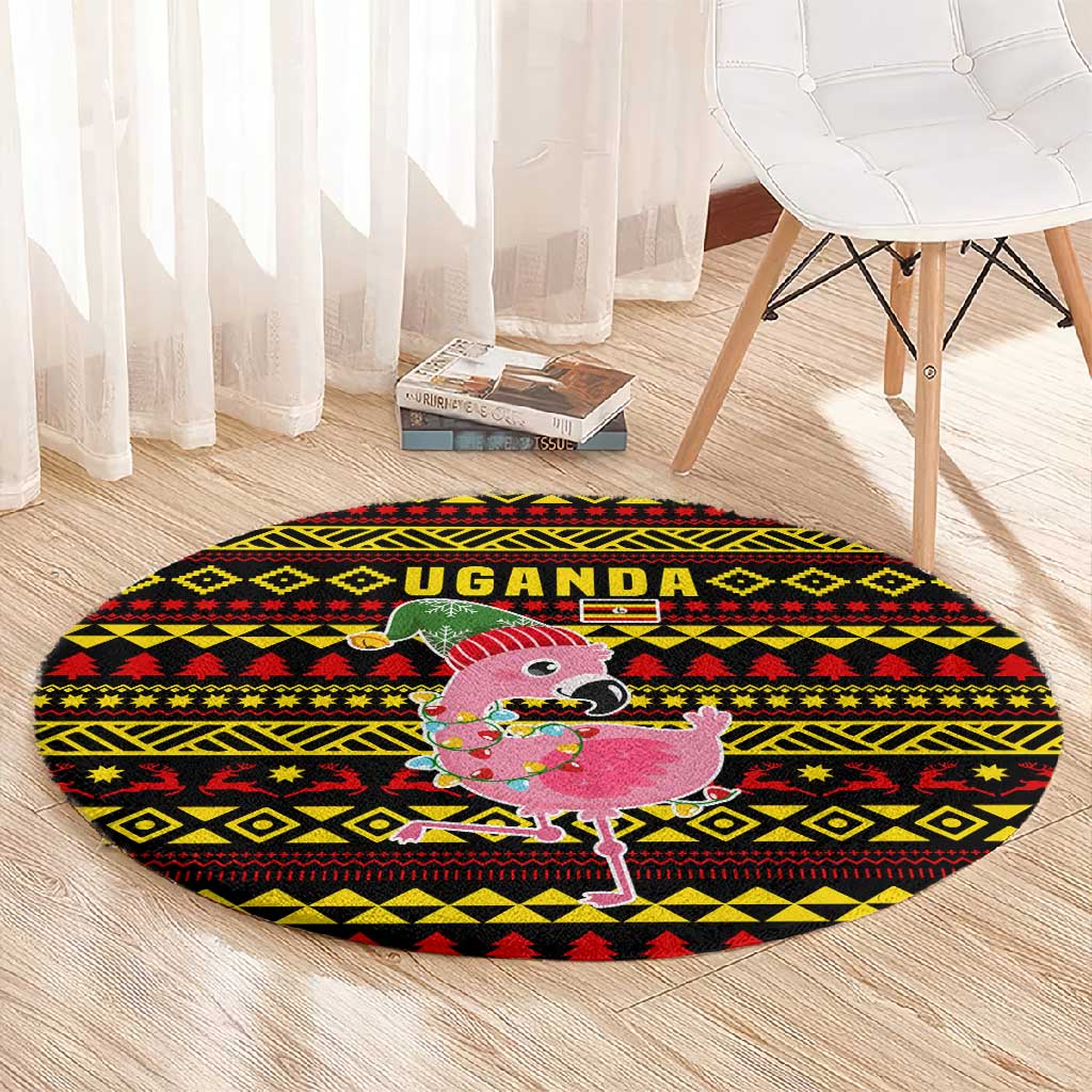 Uganda Christmas Round Carpet Flamingo Lights Uganda Flag and Black Red Yellow - African Pride