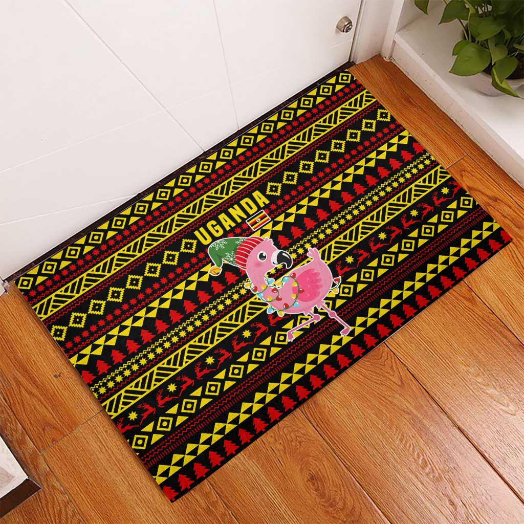 Uganda Christmas Rubber Doormat Flamingo Lights Uganda Flag and Black Red Yellow - African Pride