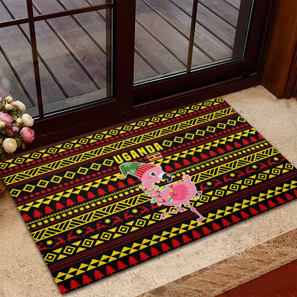 Uganda Christmas Rubber Doormat Flamingo Lights Uganda Flag and Black Red Yellow - African Pride