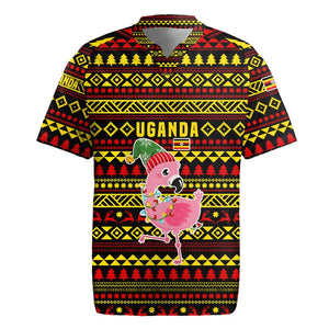 Uganda Christmas Rugby Jersey Flamingo Lights Uganda Flag and Black Red Yellow - African Pride
