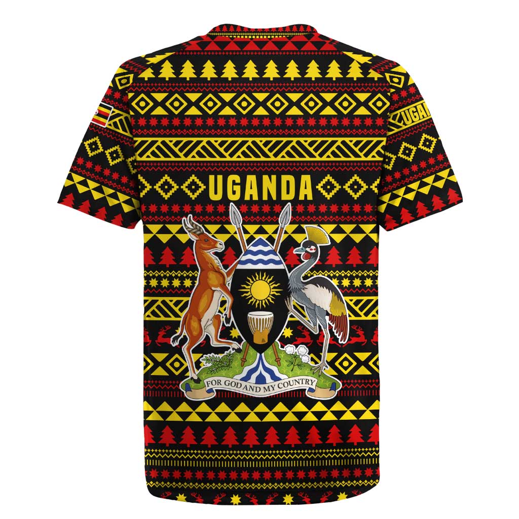Uganda Christmas Rugby Jersey Flamingo Lights Uganda Flag and Black Red Yellow - African Pride