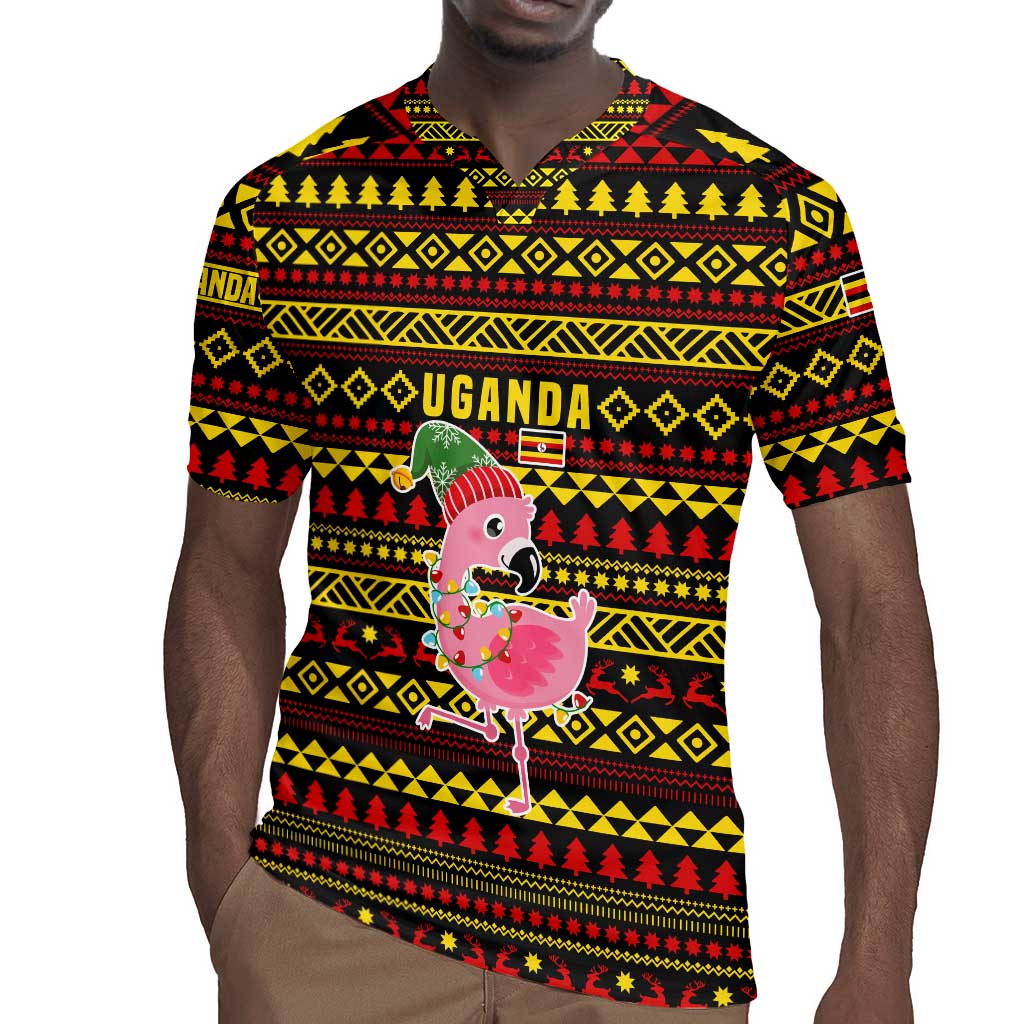 Uganda Christmas Rugby Jersey Flamingo Lights Uganda Flag and Black Red Yellow - African Pride