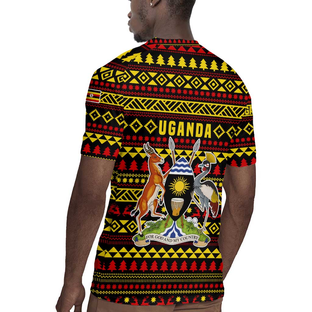 Uganda Christmas Rugby Jersey Flamingo Lights Uganda Flag and Black Red Yellow - African Pride