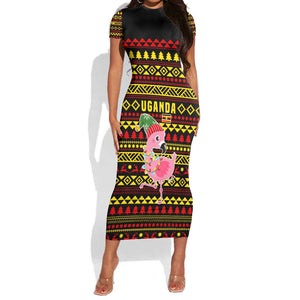 Uganda Christmas Short Sleeve Bodycon Dress Flamingo Lights Uganda Flag and Black Red Yellow - African Pride