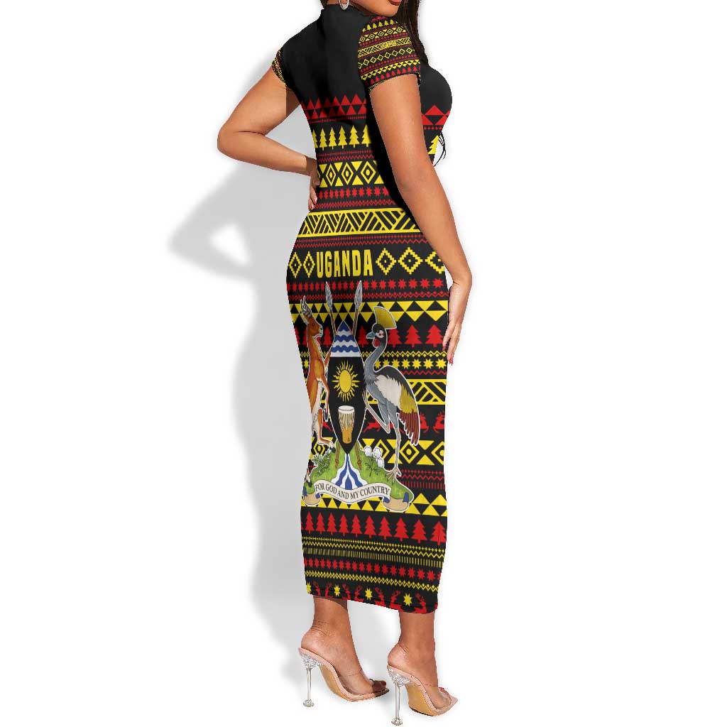 Uganda Christmas Short Sleeve Bodycon Dress Flamingo Lights Uganda Flag and Black Red Yellow - African Pride