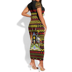 Uganda Christmas Short Sleeve Bodycon Dress Flamingo Lights Uganda Flag and Black Red Yellow - African Pride