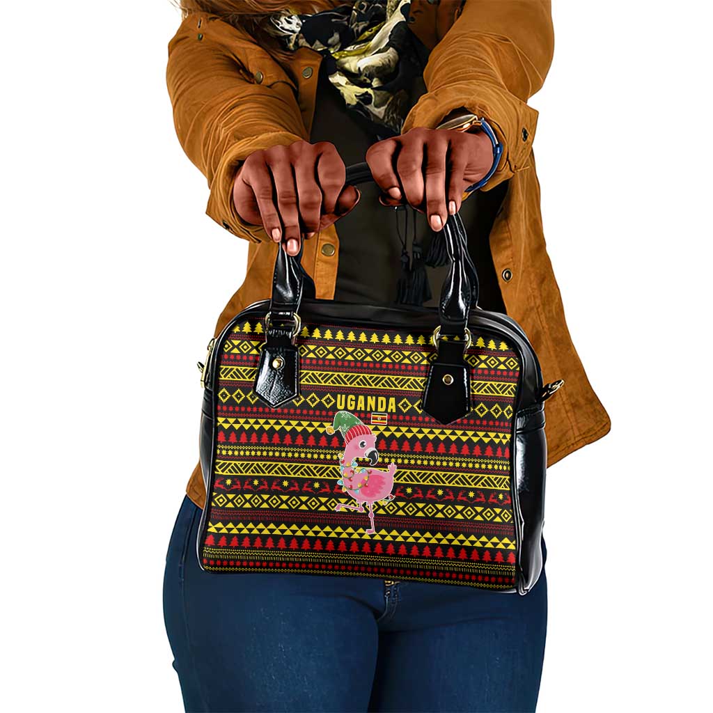 Uganda Christmas Shoulder Handbag Flamingo Lights Uganda Flag and Black Red Yellow - African Pride