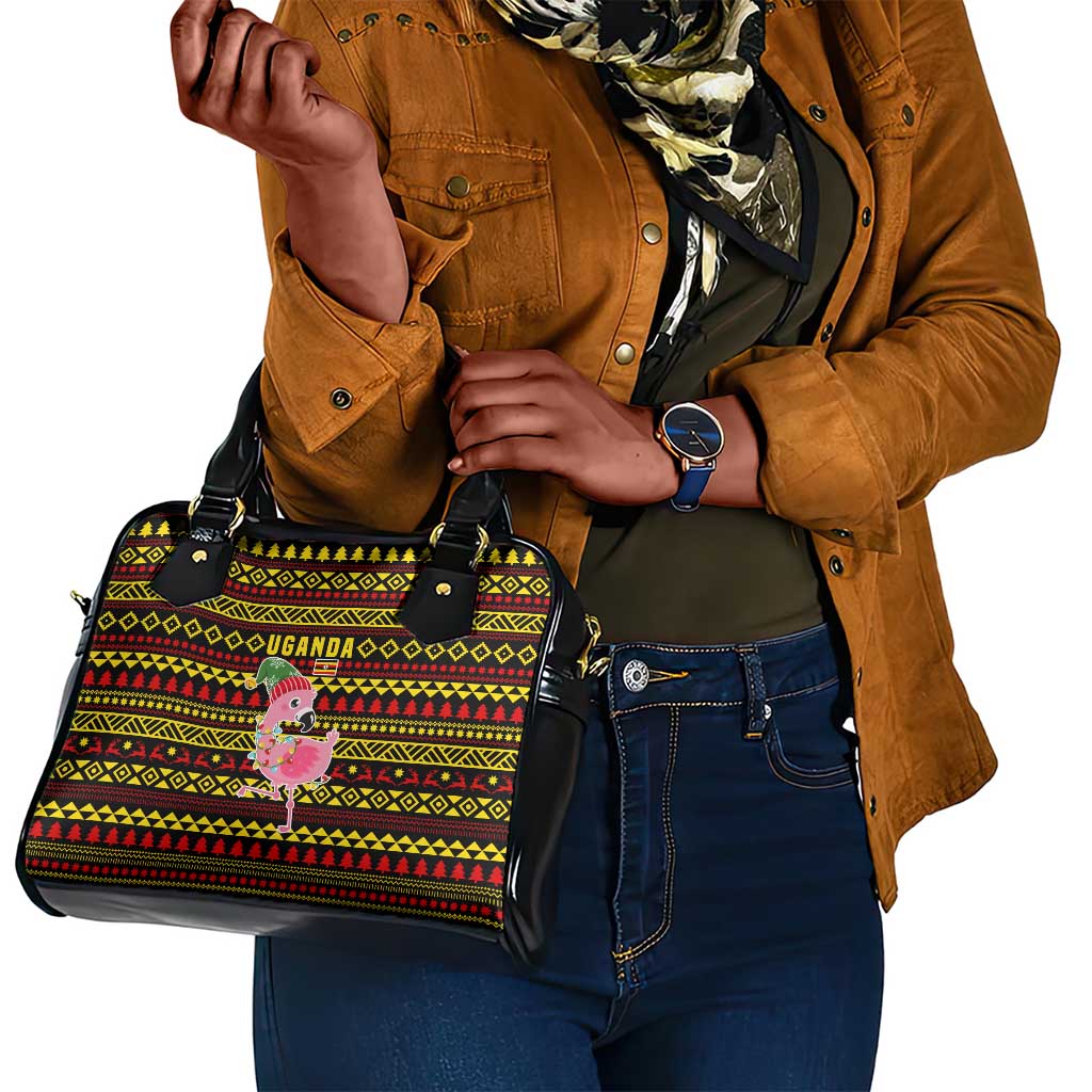 Uganda Christmas Shoulder Handbag Flamingo Lights Uganda Flag and Black Red Yellow - African Pride