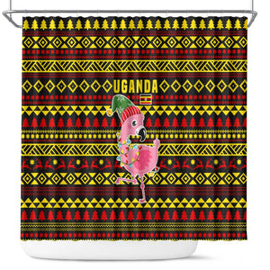 Uganda Christmas Shower Curtain Flamingo Lights Uganda Flag and Black Red Yellow - African Pride