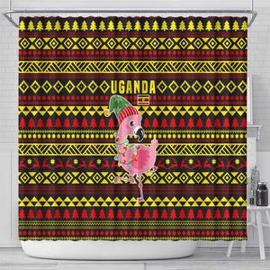 Uganda Christmas Shower Curtain Flamingo Lights Uganda Flag and Black Red Yellow - African Pride