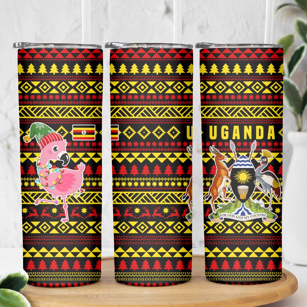 Uganda Christmas Skinny Tumbler Flamingo Lights Uganda Flag and Black Red Yellow - African Pride