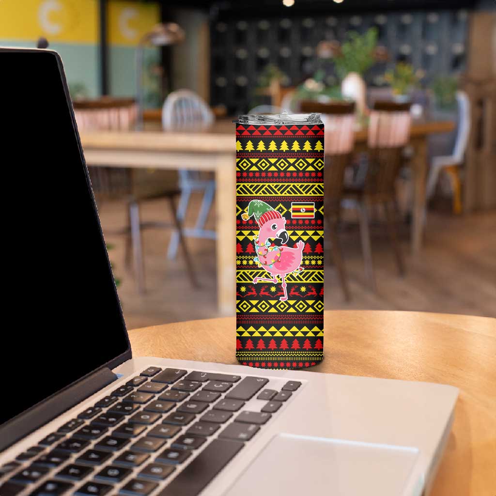 Uganda Christmas Skinny Tumbler Flamingo Lights Uganda Flag and Black Red Yellow - African Pride